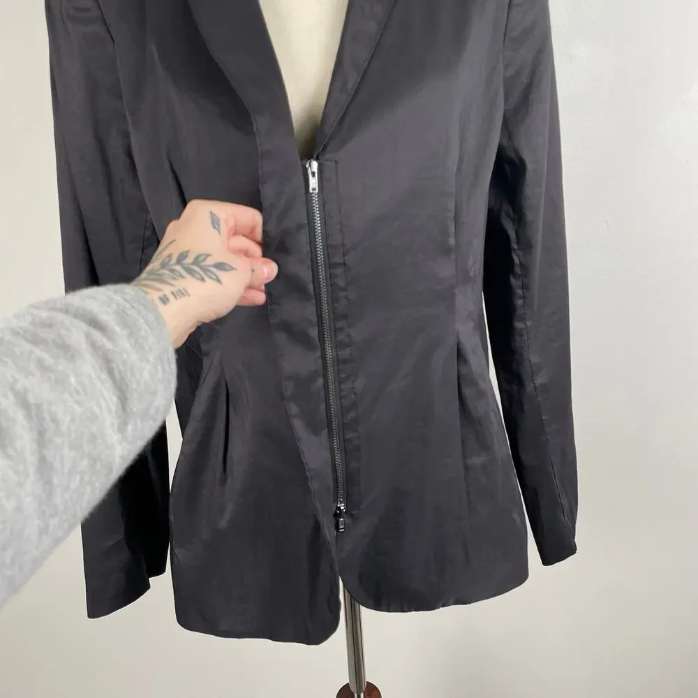 Eileen Fisher Polished Ramie Silk Stretch Jacket Blazer Zip Front Fitted Black L